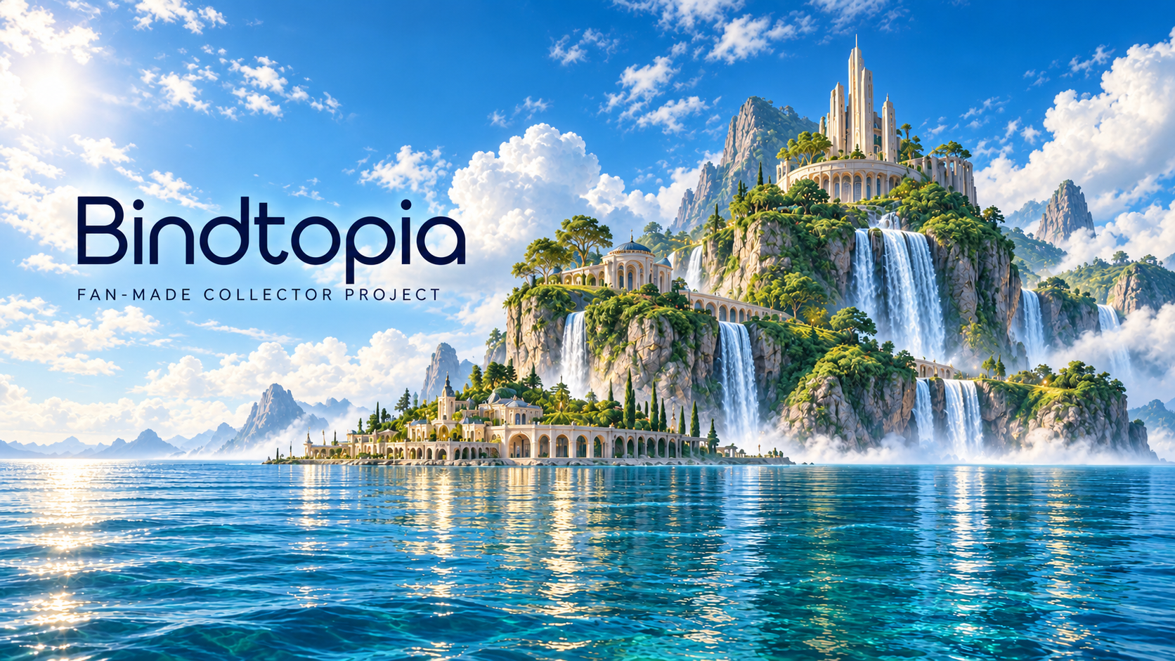 Bindtopia — fan-made collector project. Zonnig eiland met watervallen, witte terrassen en een blauwe zee.